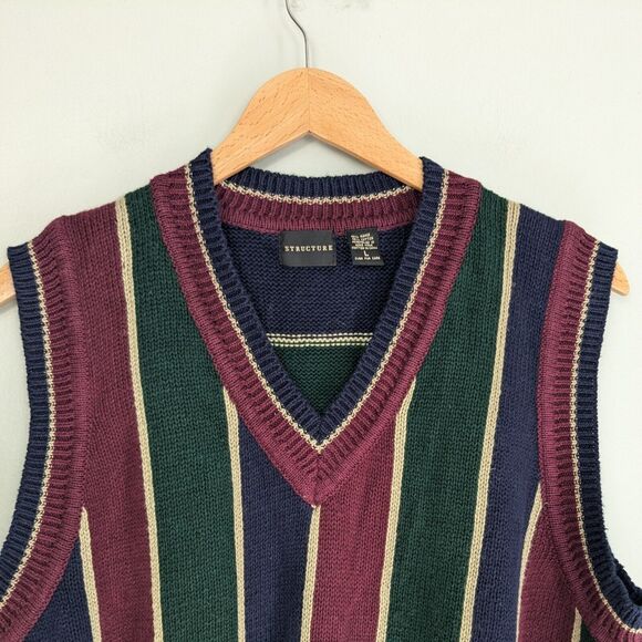Structure Sweater Vest Mens L Blue Green Maroon 90s Vintage Stripe V-Neck Prep - Picture 6 of 9